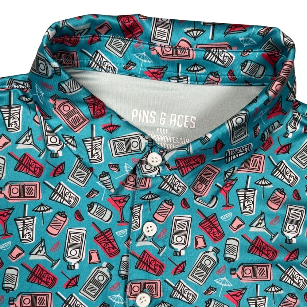 Pins & Aces Polo Shirt Men's Sz 3XL Teal Cocktail Bar Print‎ Performance Golf